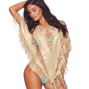 Beach Bunny Gold Fringe Poncho Cover Up